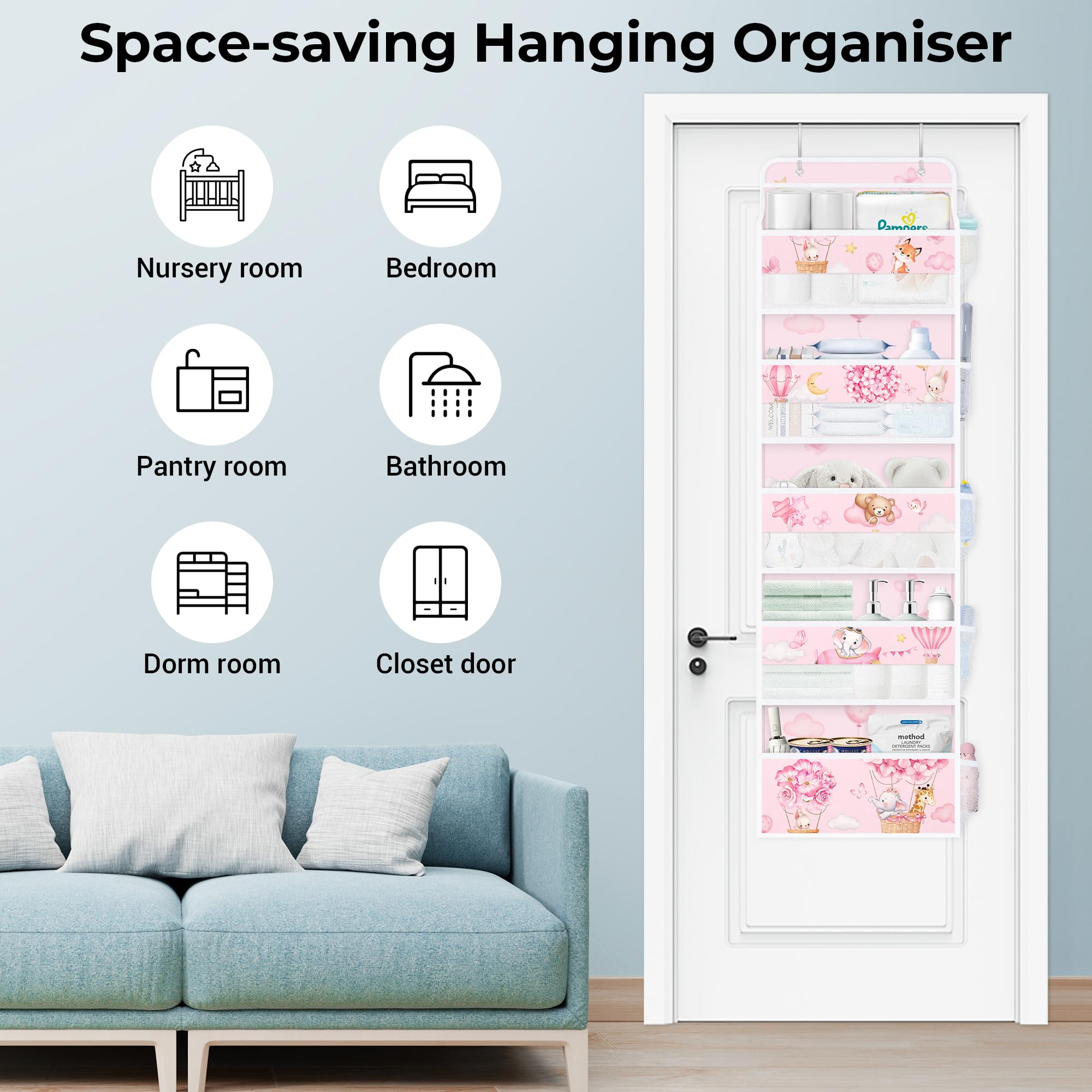 Clastyle door organizer shows large capacity for nursery supplies behind the door.