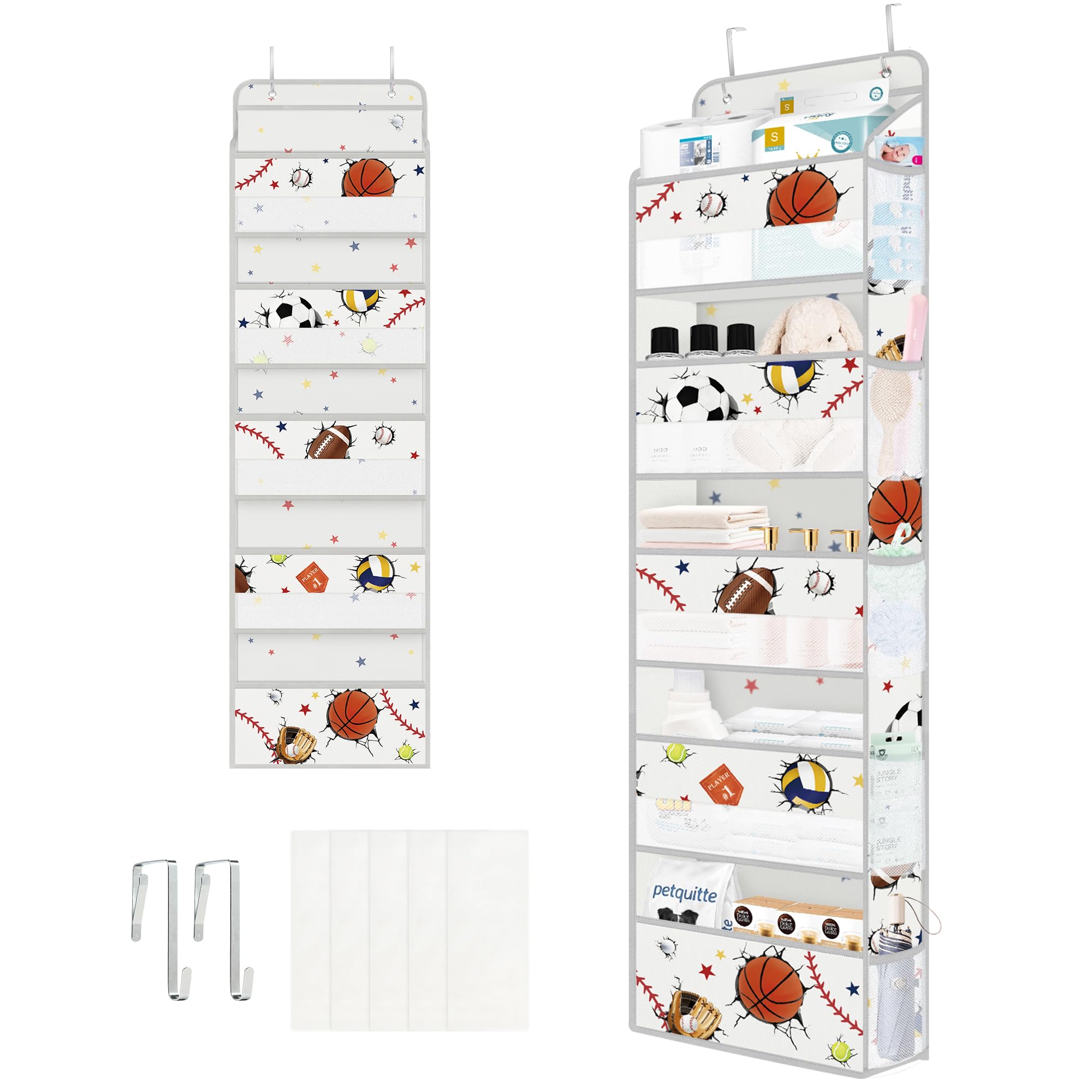 Clastyle ball over the door organizer with star design keeps toys organized behind the door.