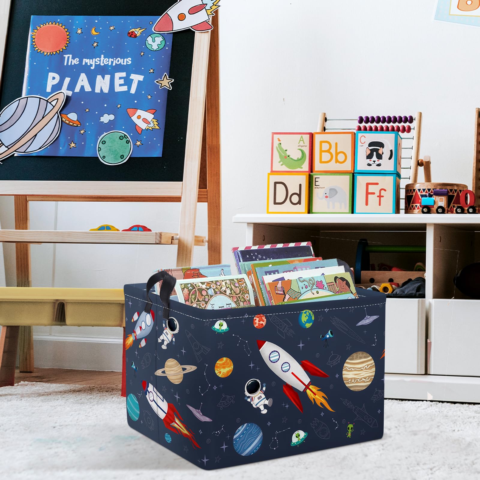Clastyle blue space toy bin keeps books and blocks neatly organized