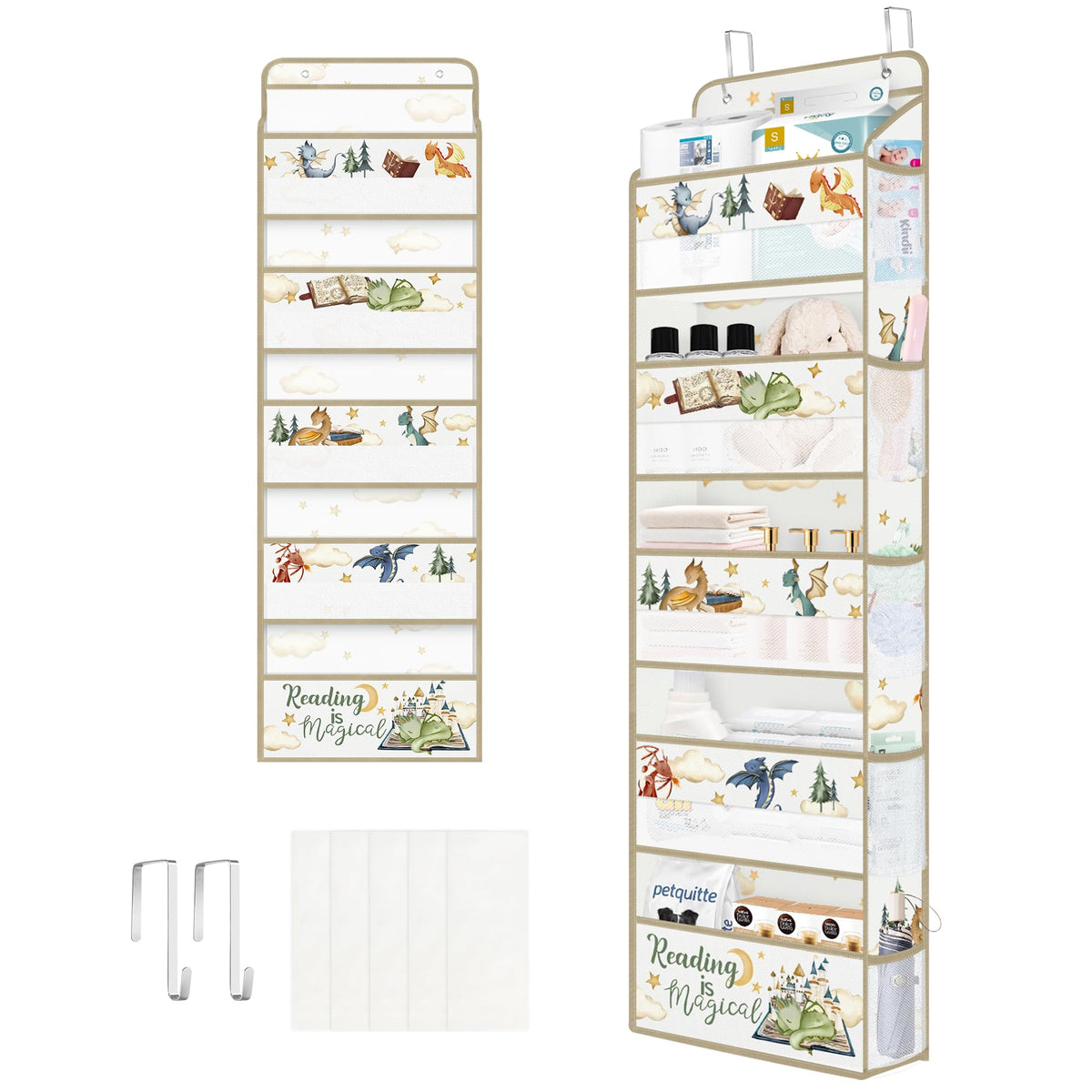 Clastyle Dinosaur over-the-door organizer with 5 tiers for toys and clothes.