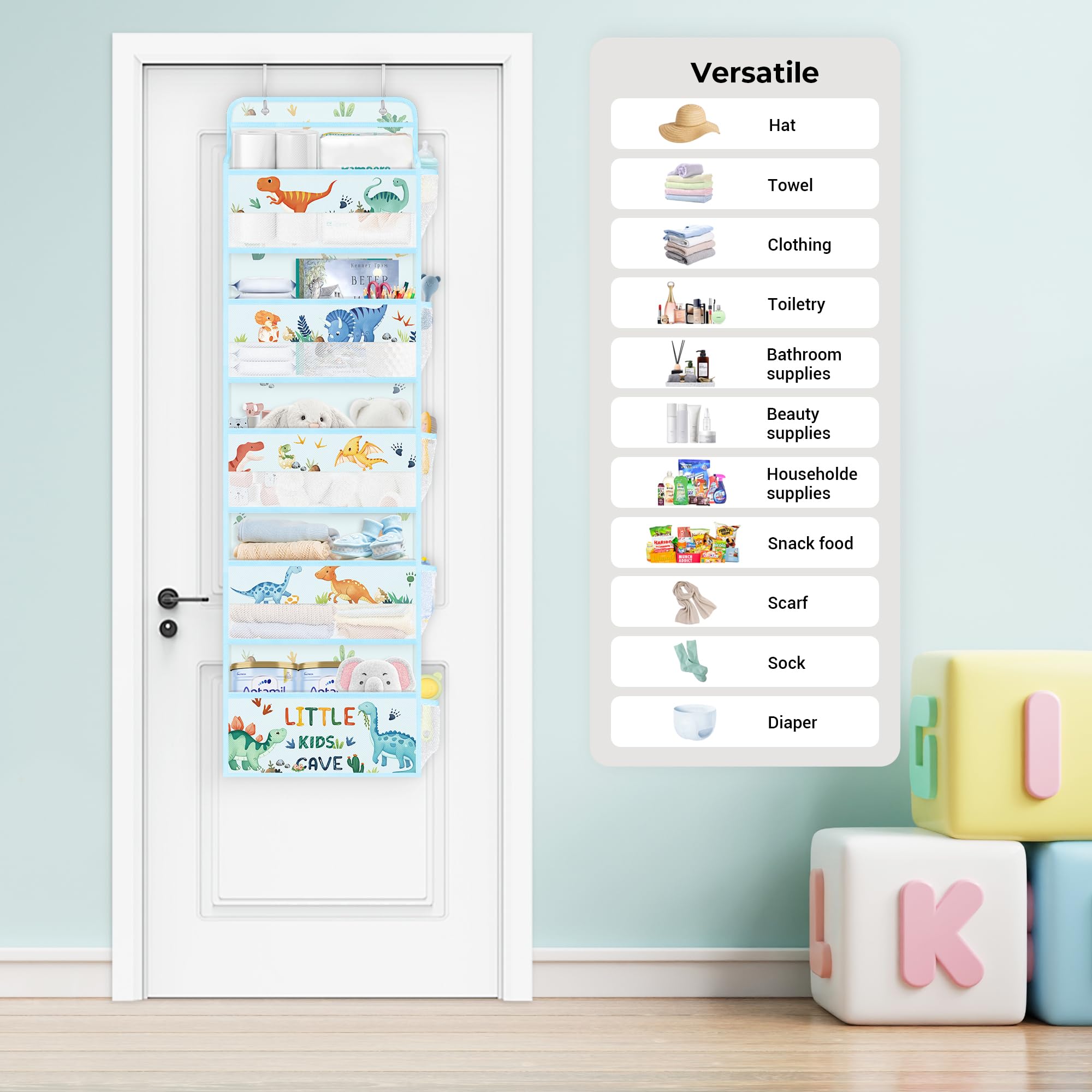 Clastyle door-hanging storage for nursery keeps clutter off the floor and available on demand.