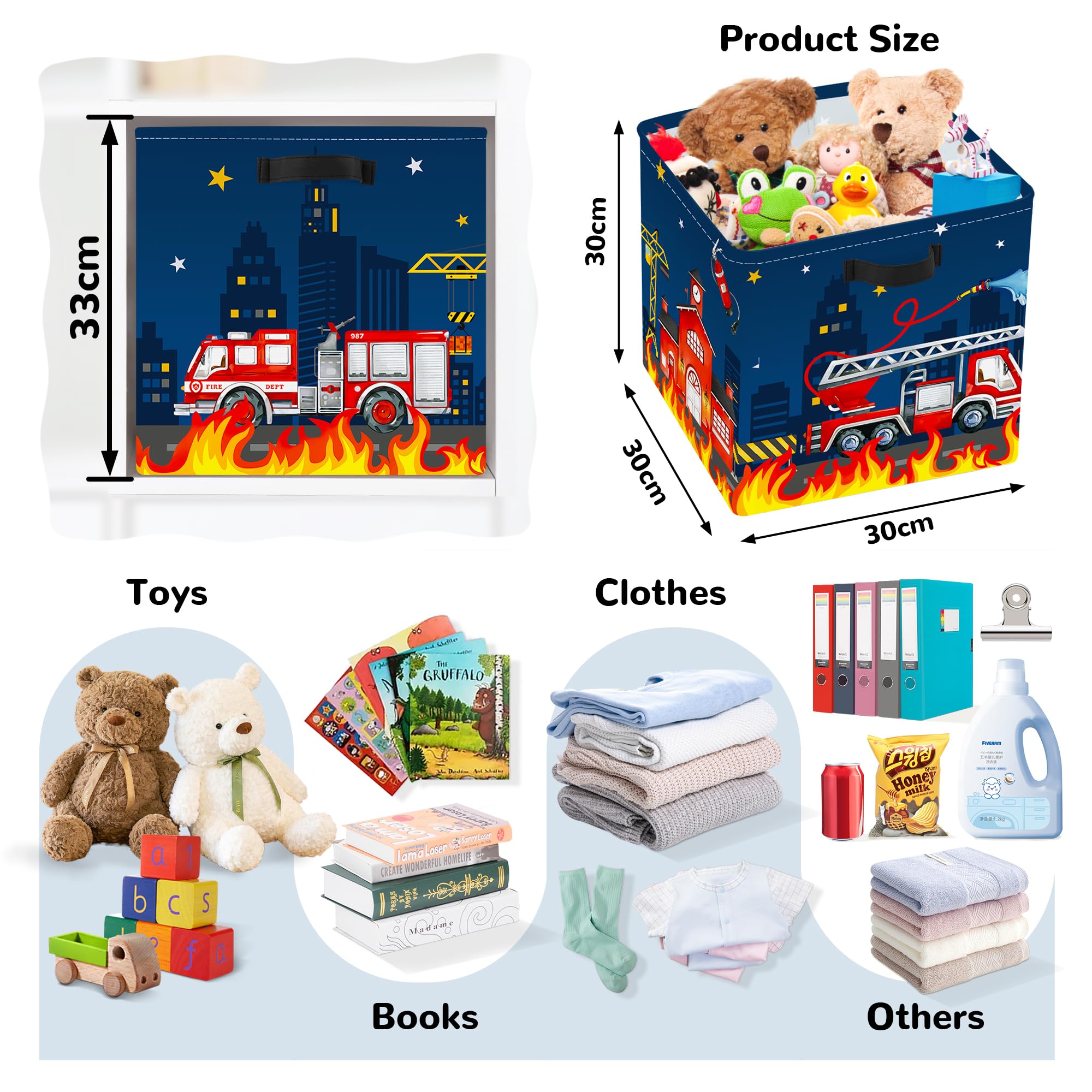Clastyle fire truck storage cube bin with handle enables easy transport during cleanup.