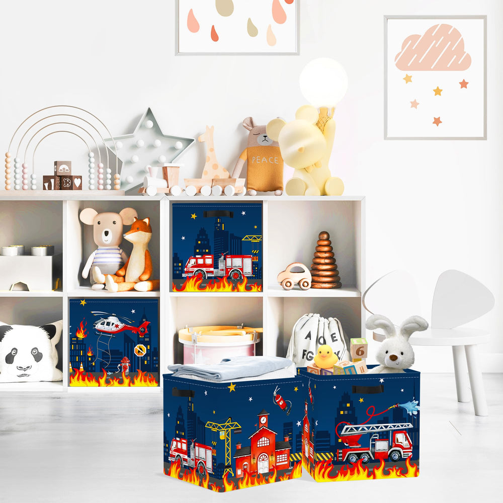 Clastyle fire truck cube on shelf offers quick access to toys and books.
