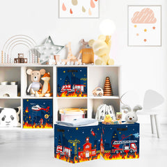 Clastyle fire truck cube on shelf offers quick access to toys and books.
