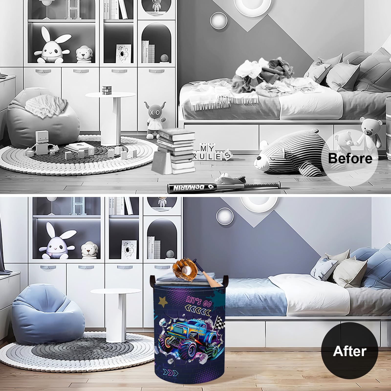 Clastyle Monster Truck Nursery Hamper keeps clutter under control.