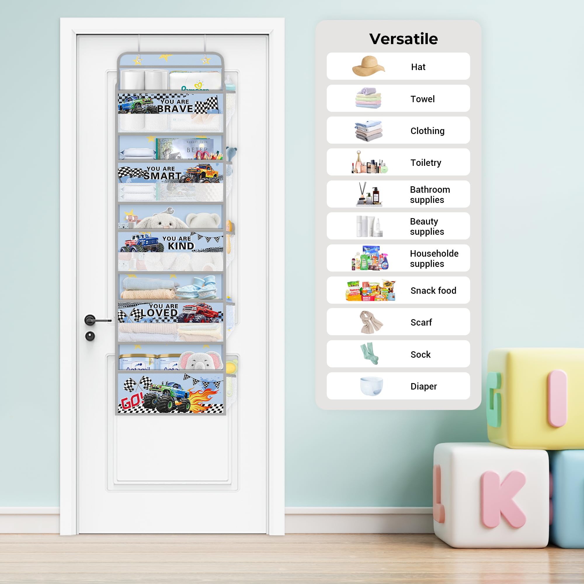 Clastyle nursery door storage with toy pockets for quick playtime access