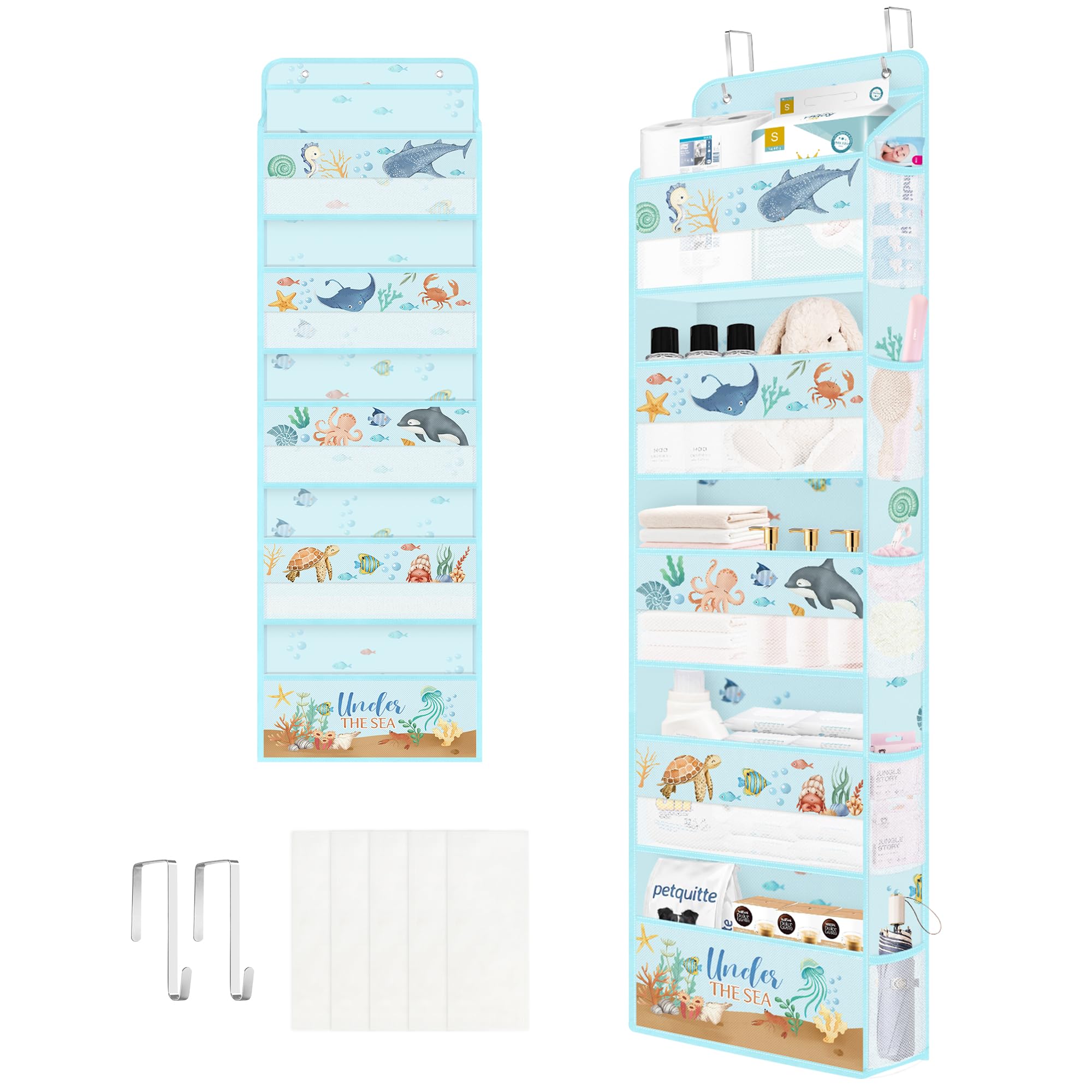 Clastyle Ocean Animals 5-tier door organizer holding toys and clothes behind the door.