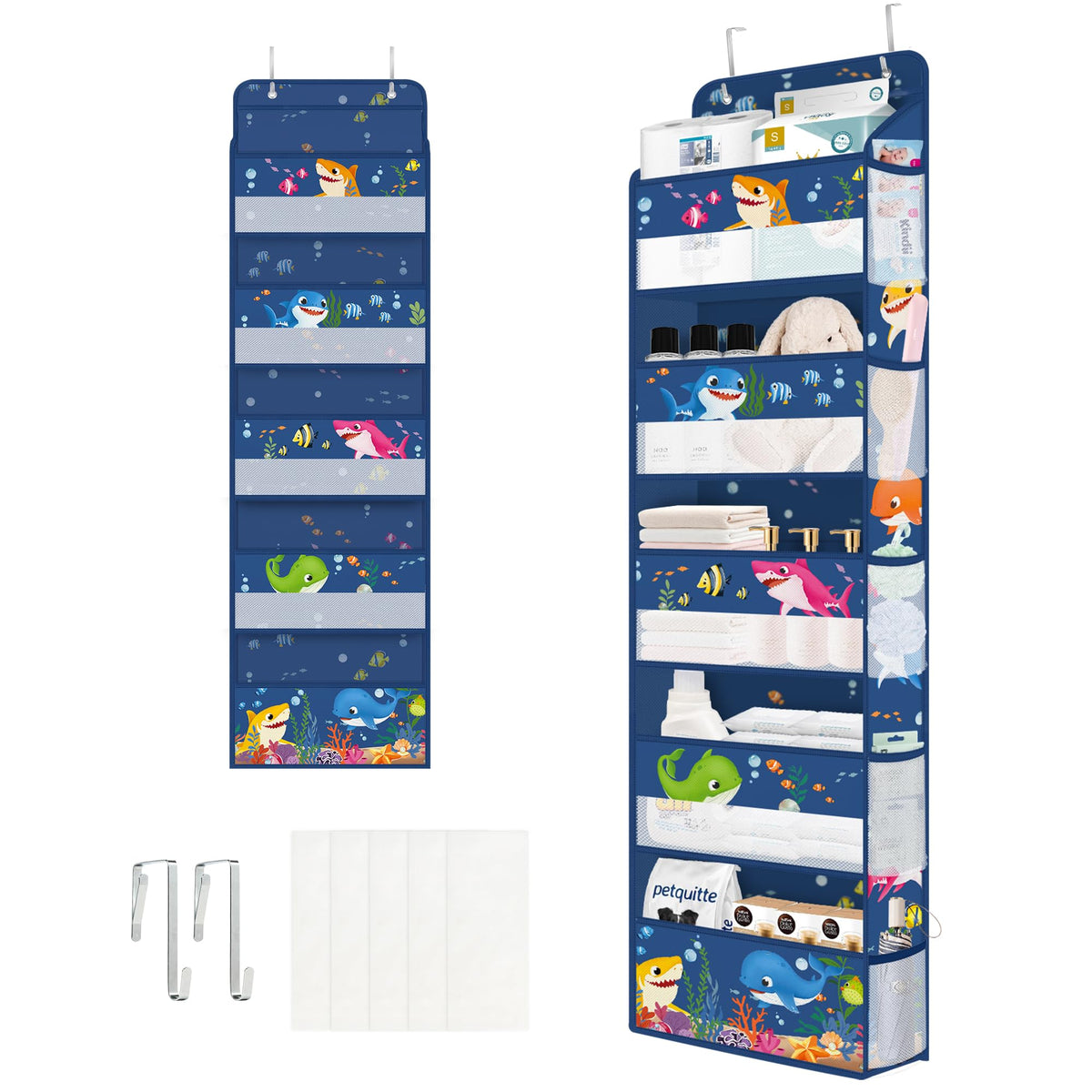 Clastyle Shark 5-tier over-the-door organizer for toys behind a bedroom door