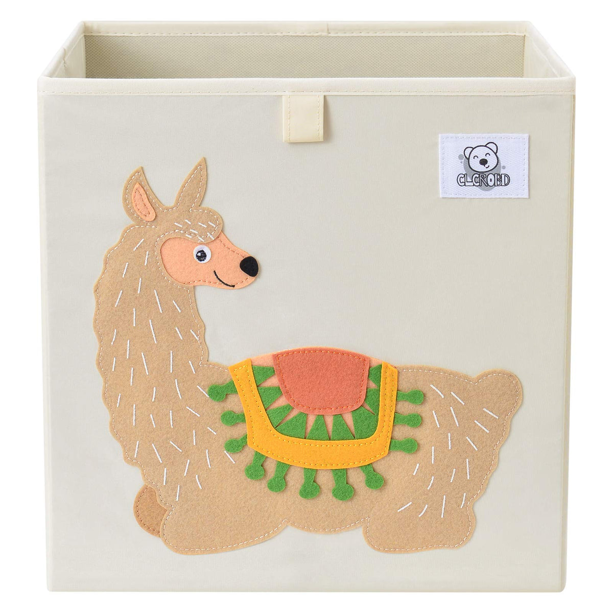 CLCROBD Alpaca cube bin front view highlighting sturdy handles for simple toy organization.