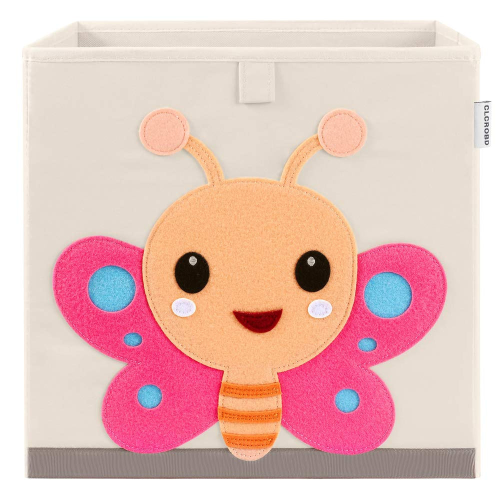 CLCROBD Butterfly cube bin front view for durable kids' toy storage in a nursery.