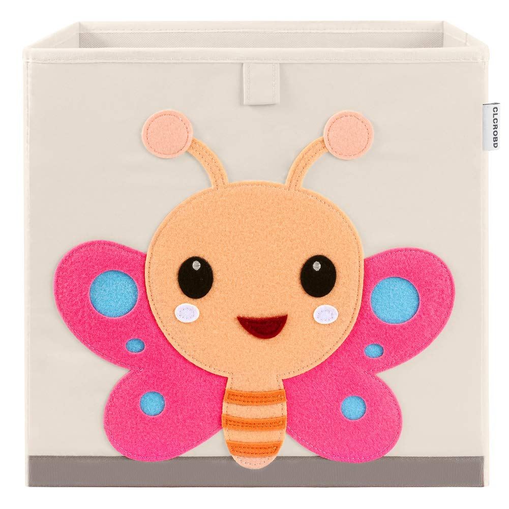 CLCROBD Butterfly cube bin front view for durable kids' toy storage in a nursery.