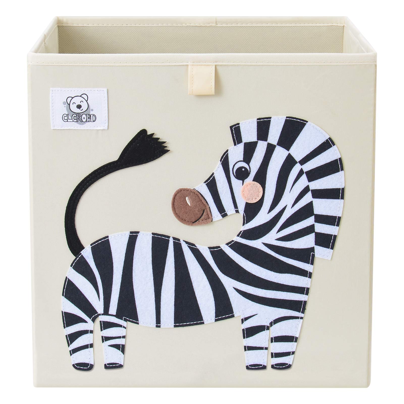CLCROBD Zebra Foldable Cube Bin front view shows sturdy handles for easy toy storage.