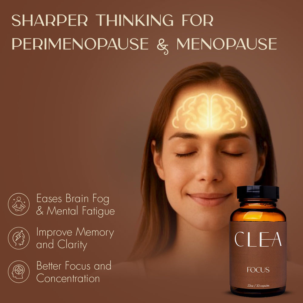 Capsules from CLEA Midlife Focus pack highlighting vegetarian, non-GMO formula.