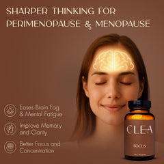 Capsules from CLEA Midlife Focus pack highlighting vegetarian, non-GMO formula.