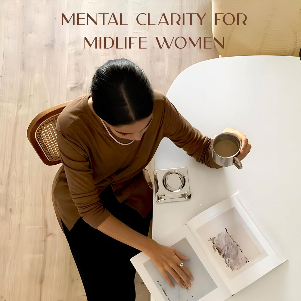 Daily routine scene with CLEA Midlife Focus capsules on a table.
