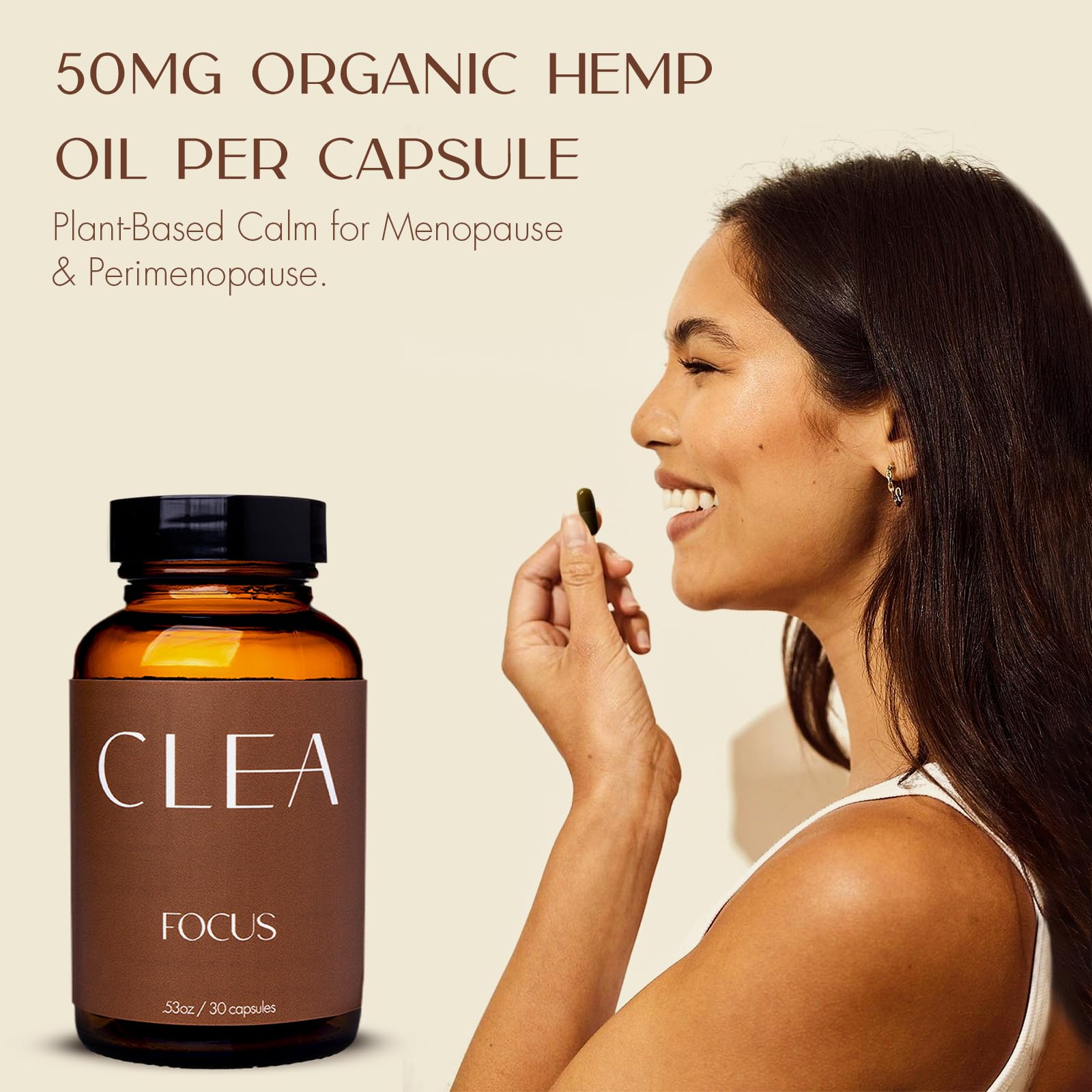 Label detail of CLEA Midlife Focus emphasizing organic hemp oil ingredients.