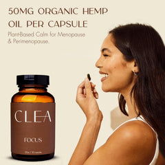 Label detail of CLEA Midlife Focus emphasizing organic hemp oil ingredients.