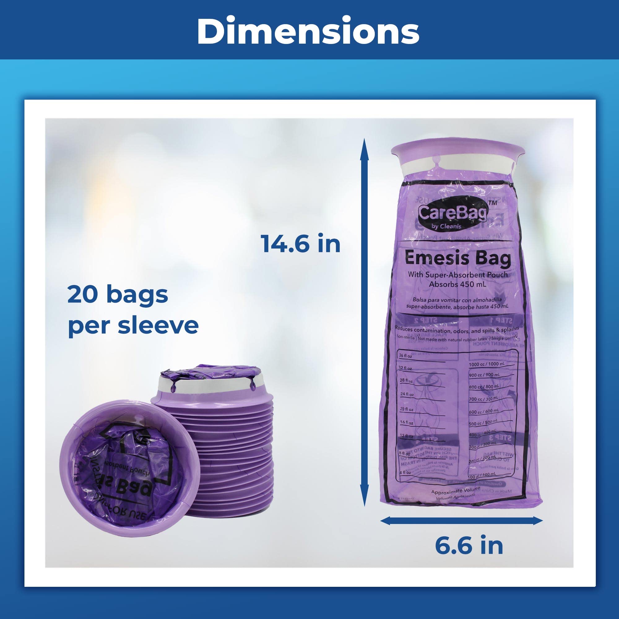 Cleanis Carebag includes 20 disposable bags for organized emergencies.