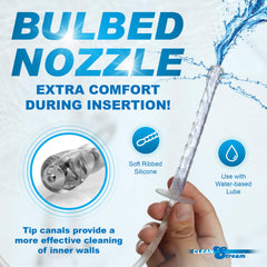 Cleanstream silicone nozzle with bulbed design and side holes for gentle cleansing.