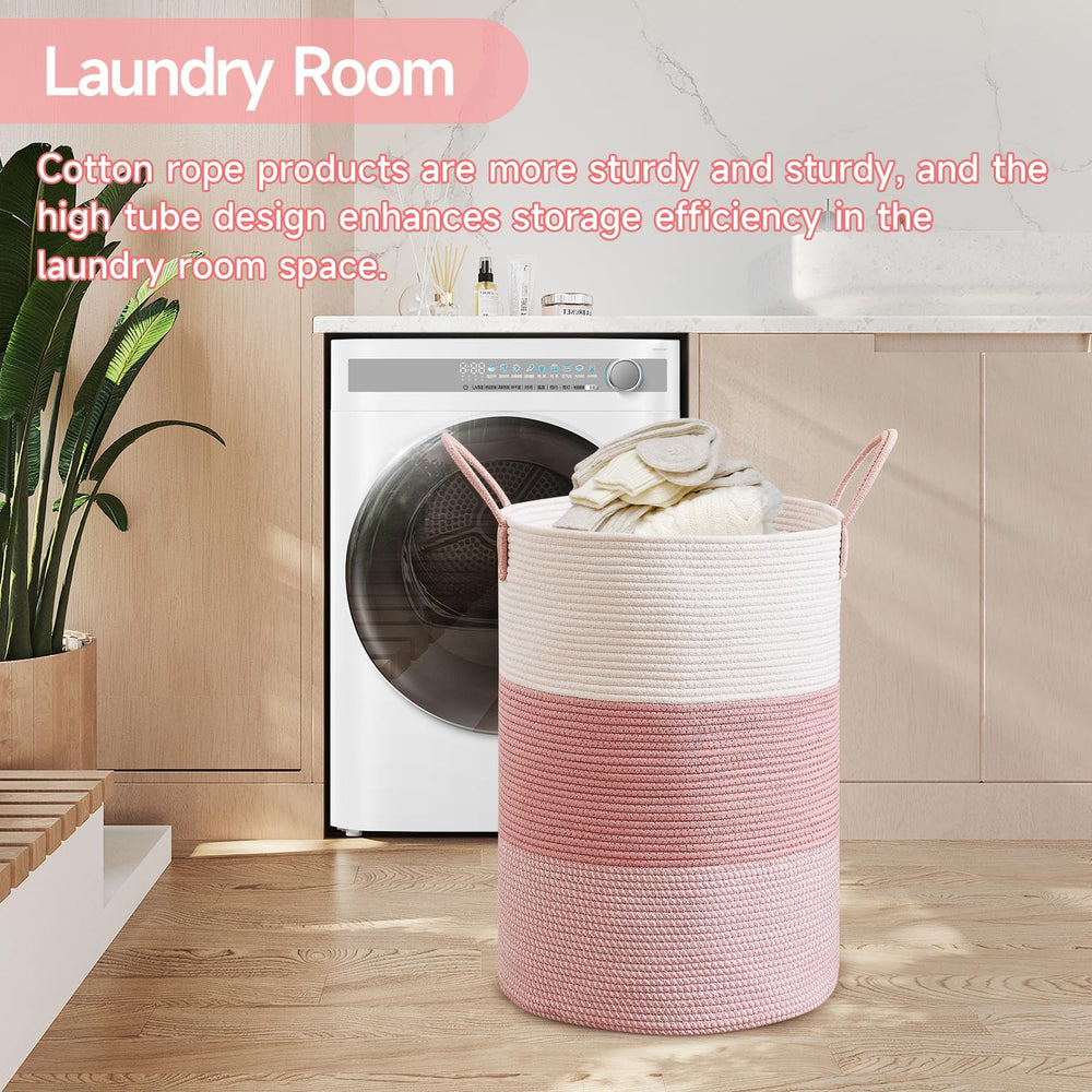 CLHMILY&Z pink rope basket side view showing interior capacity for bulky items.