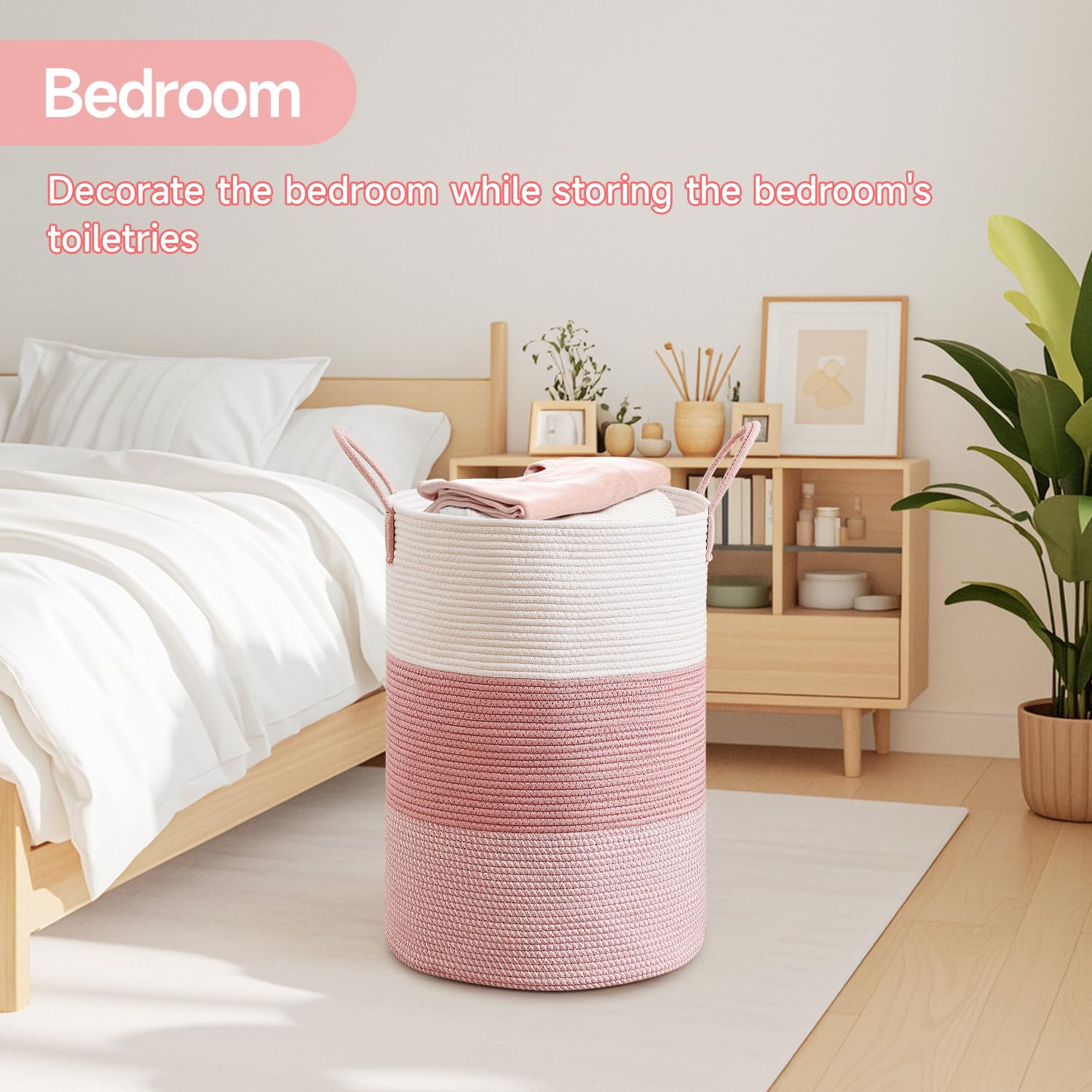 CLHMILY&Z basket in bedroom with blankets and towels.