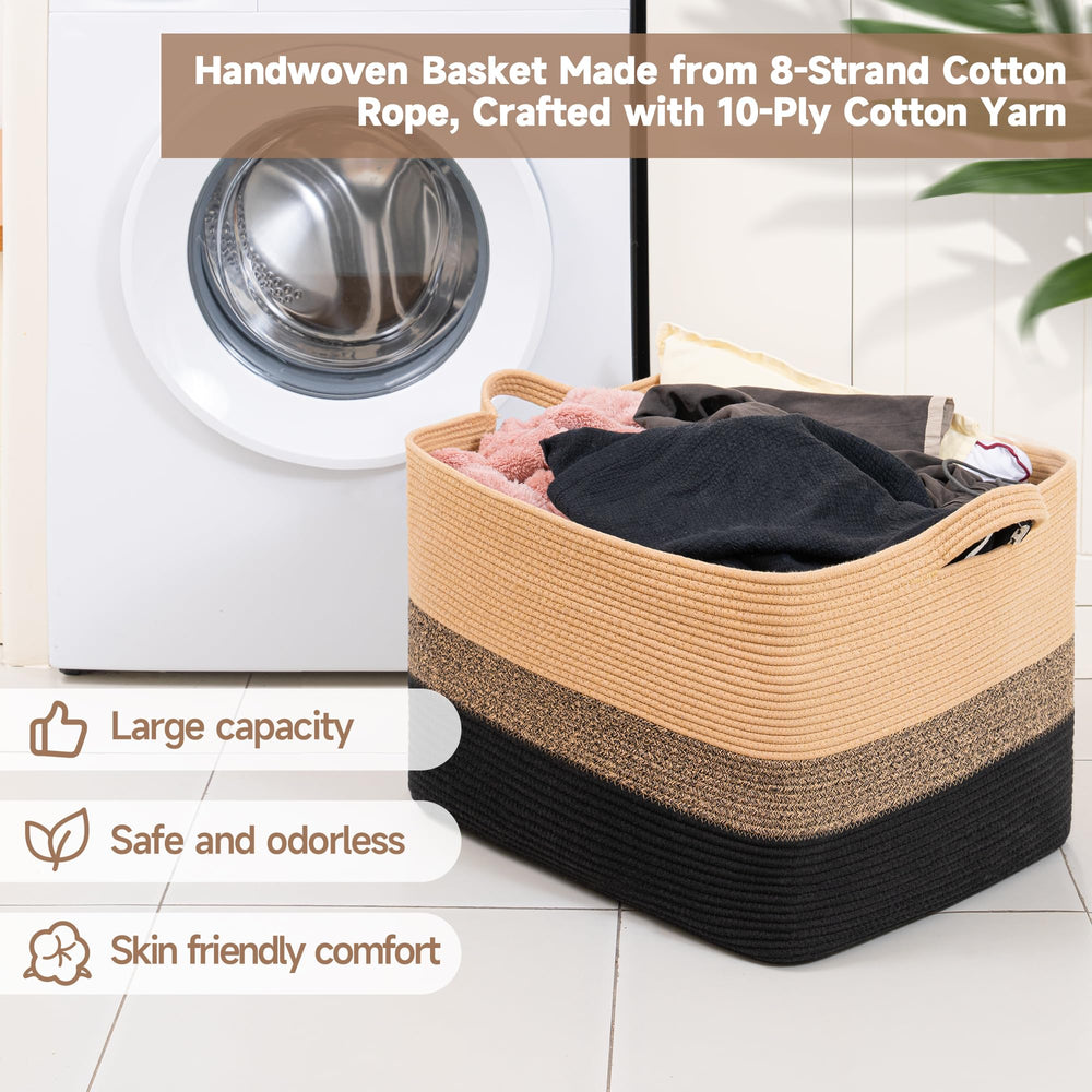 CLHMILY&Z handwoven cotton rope basket with sturdy handles for easy room-to-room transport.