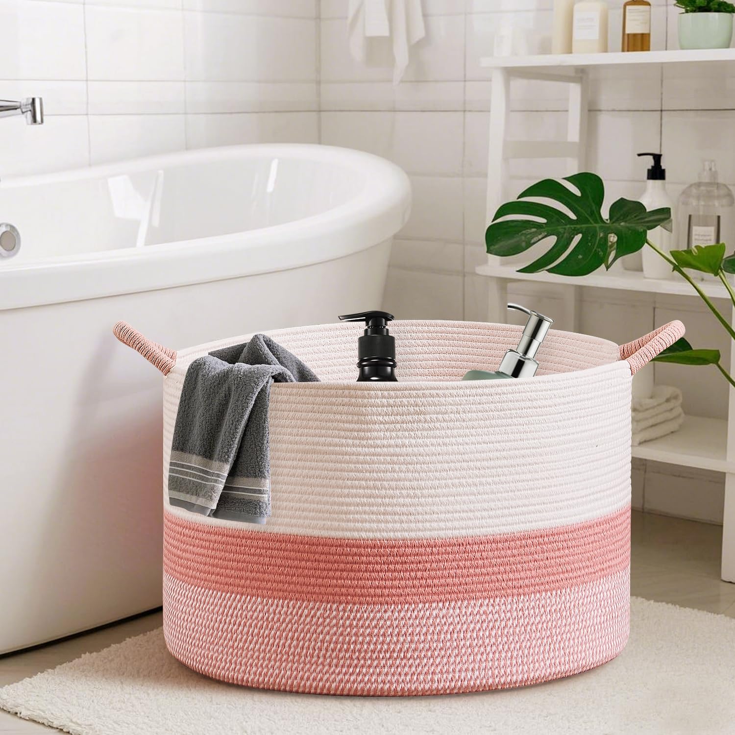 CLHMILY&Z pink basket side view with reinforced handles for easy transport