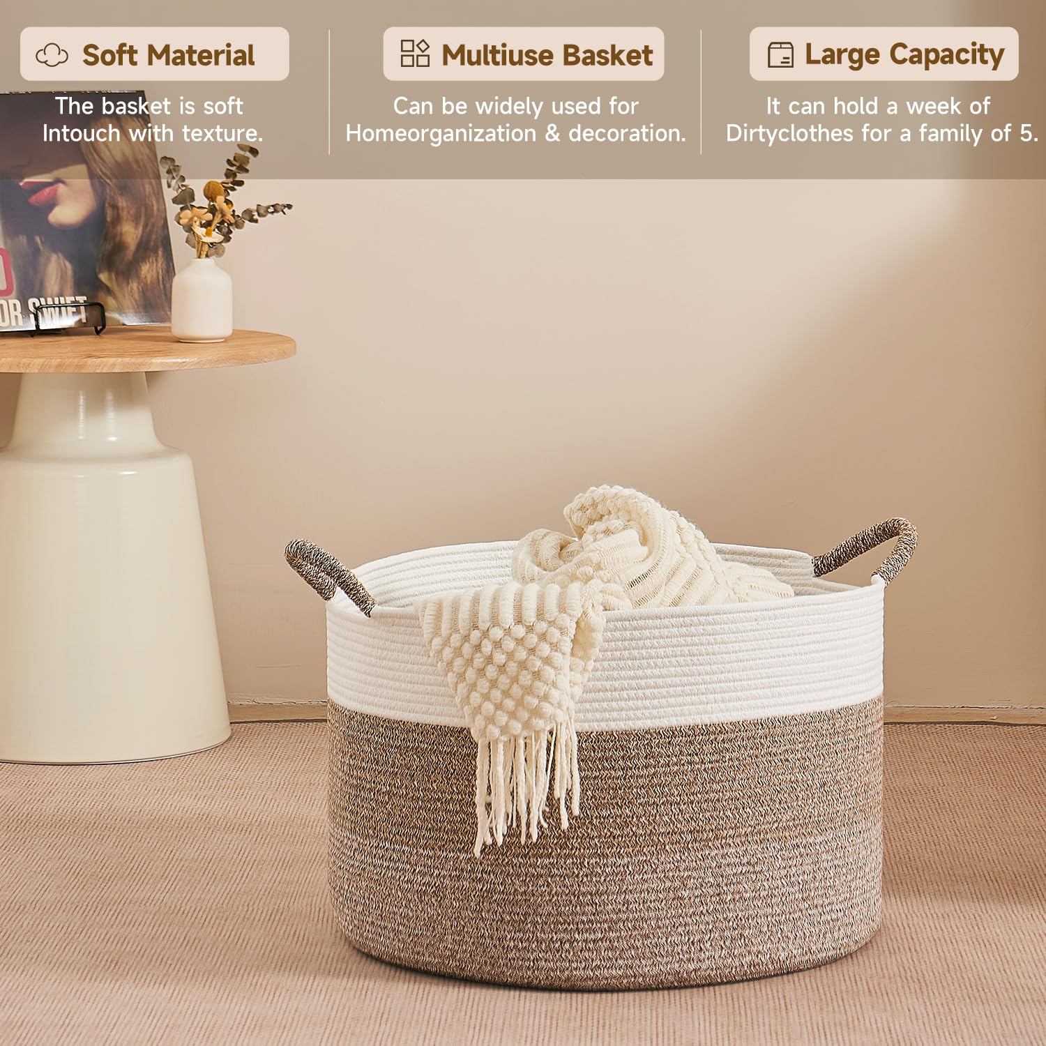 CLHMILY&Z large woven basket doubles as a breathable laundry hamper