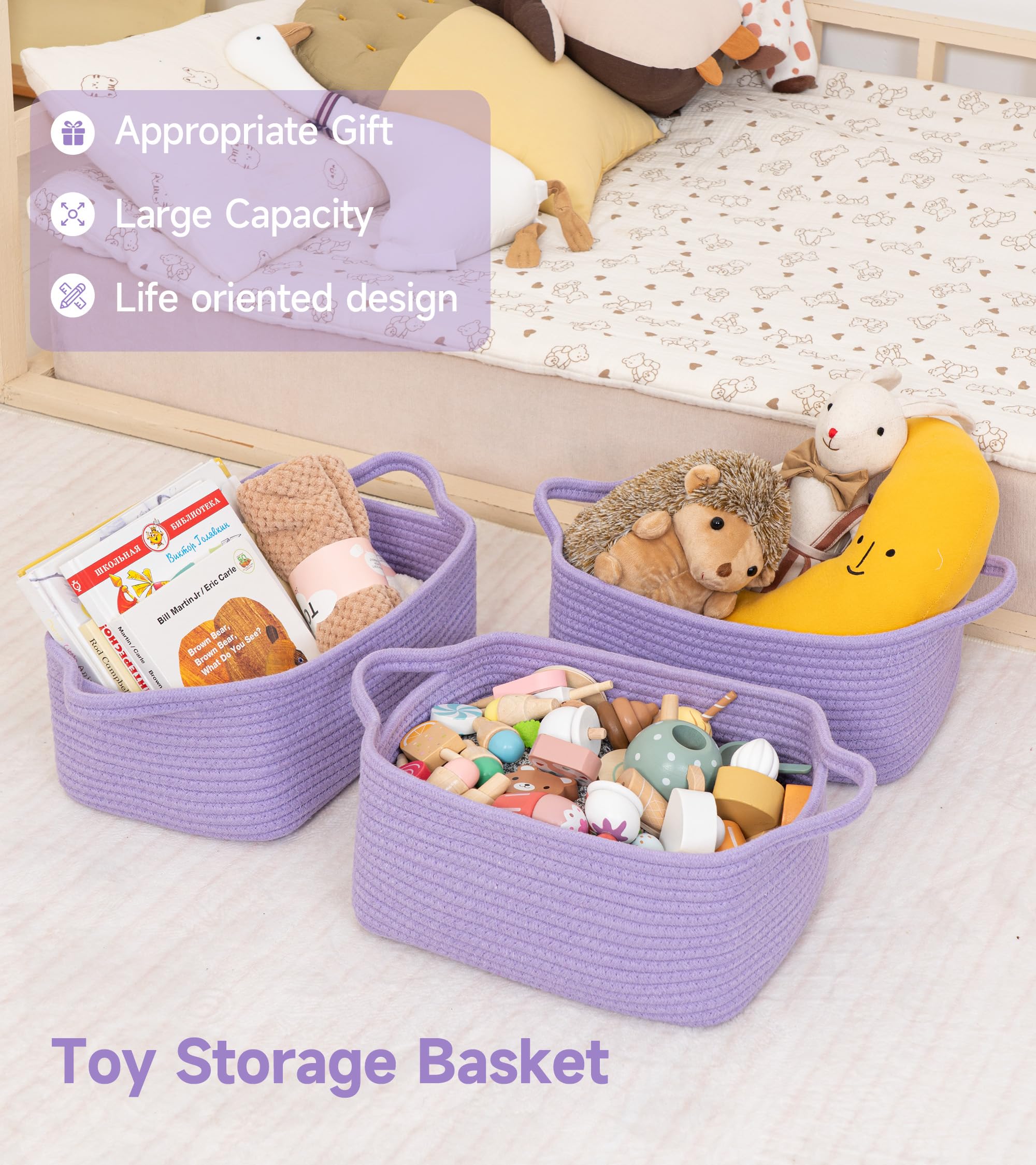 CLHMILY&Z nursery bathroom basket in purple keeps essentials within reach.