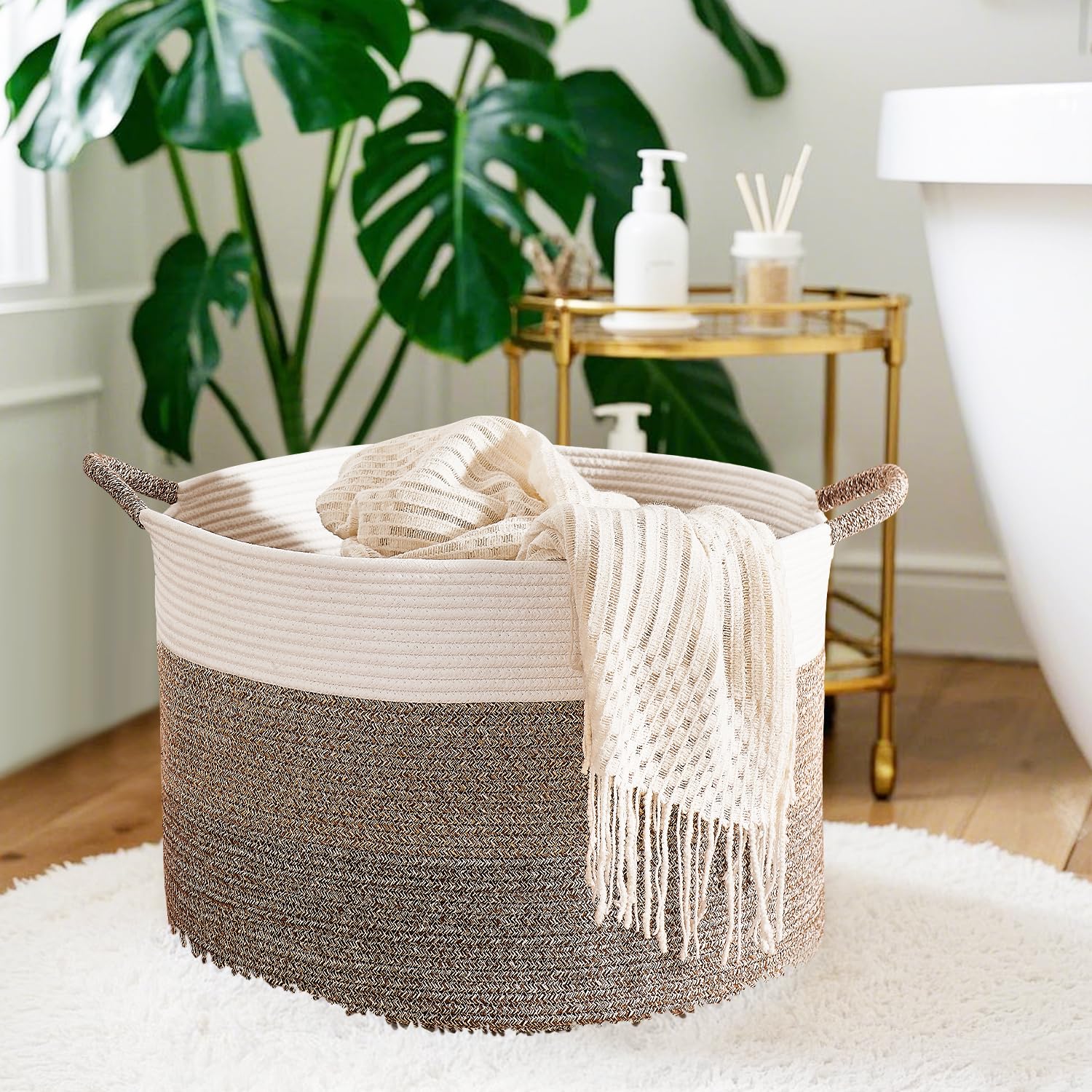 CLHMILY&Z basket with oversized handles for easy transport of laundry or towels.
