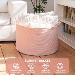 CLHMILY&Z pink rope basket with oversized handles for easy laundry transport.
