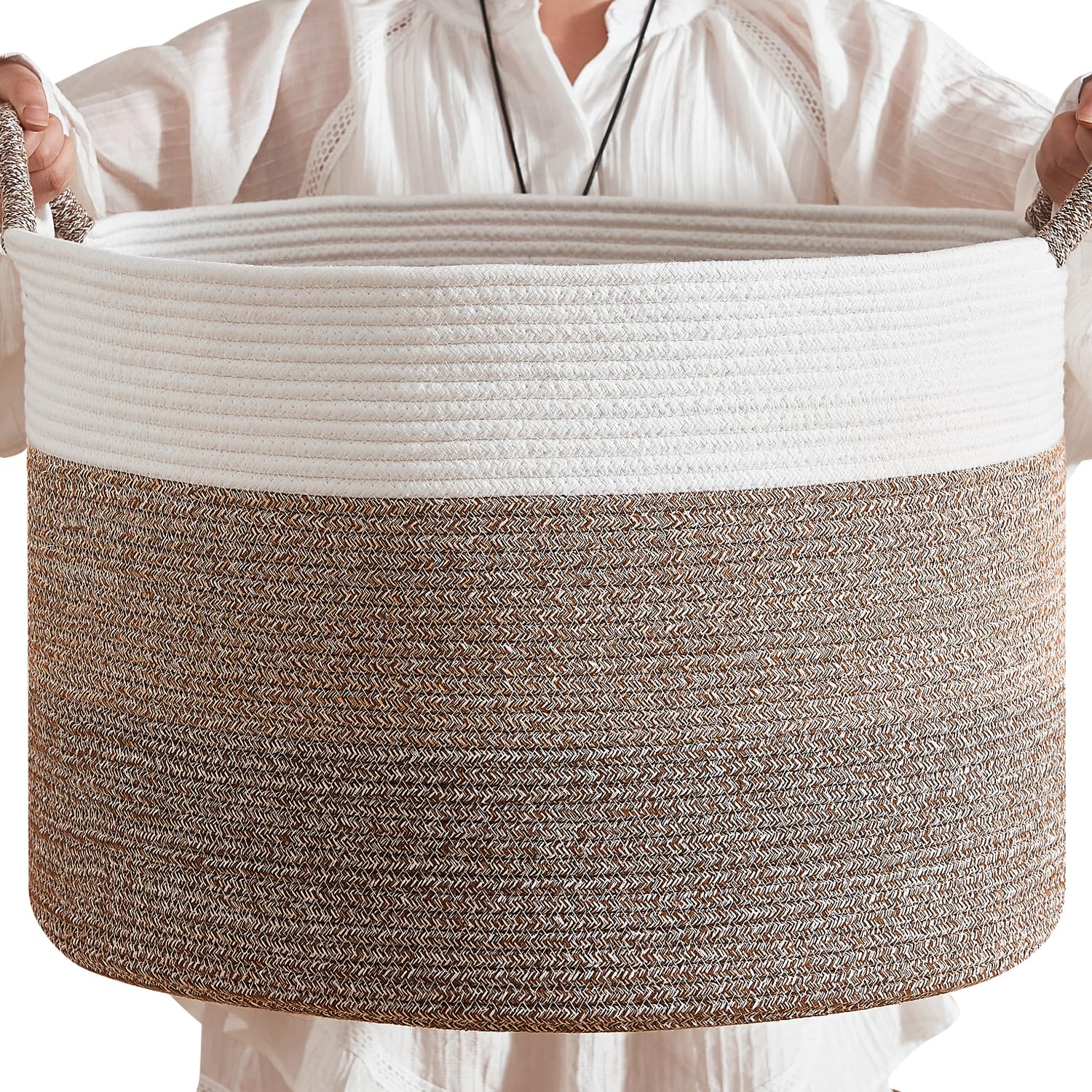 CLHMILY&Z round cotton rope storage basket showing ample interior space for toys and linens.