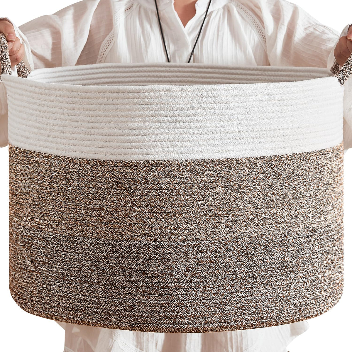 CLHMILY&Z round cotton rope storage basket showing ample interior space for toys and linens.