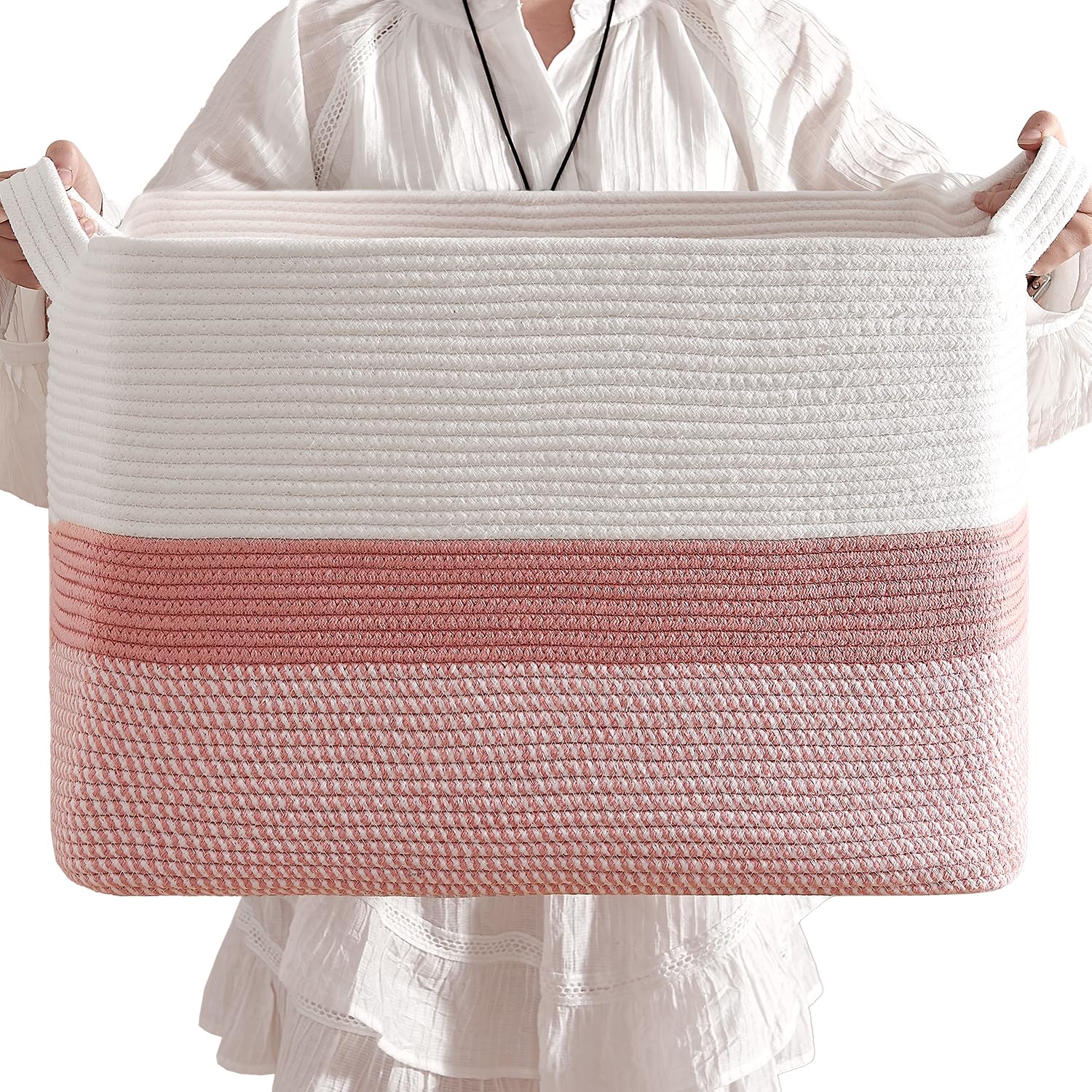CLHMILY&Z square basket front view in pink and white, ideal for toy organization.
