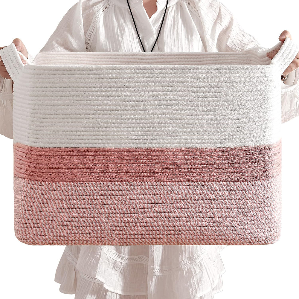 CLHMILY&Z square basket front view in pink and white, ideal for toy organization.