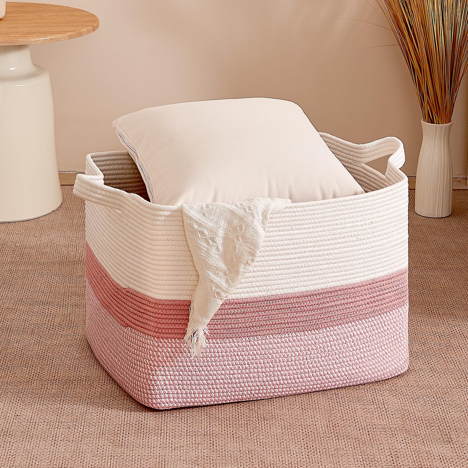 CLHMILY&Z square basket side view with sturdy handles for easy transport.
