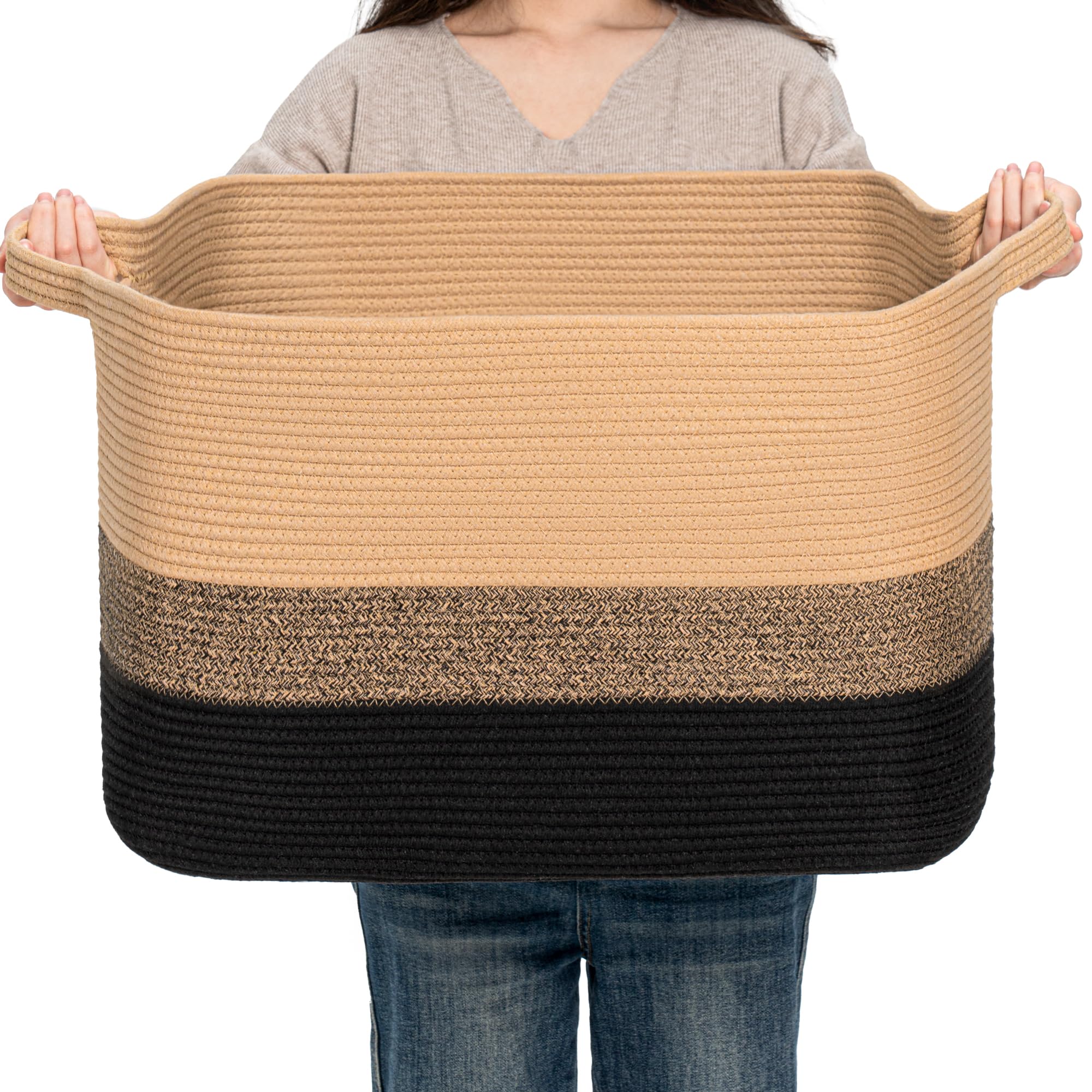 CLHMILY&Z square cotton rope storage basket in black and camel keeps toys neatly organized.
