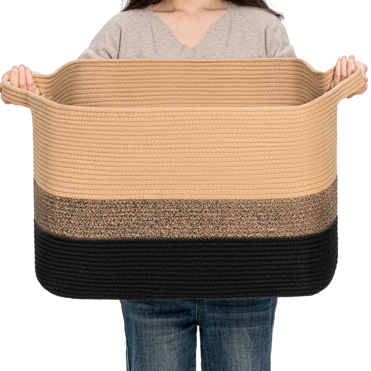 CLHMILY&Z square cotton rope storage basket in black and camel keeps toys neatly organized.