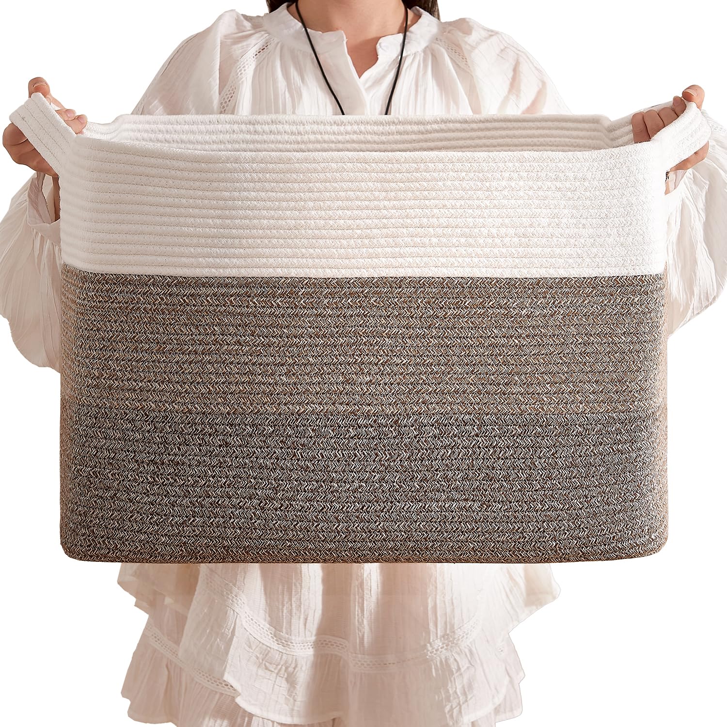 CLHMILY&Z stylish square cotton rope storage basket in brown and white, ideal for toy and blanket organization.