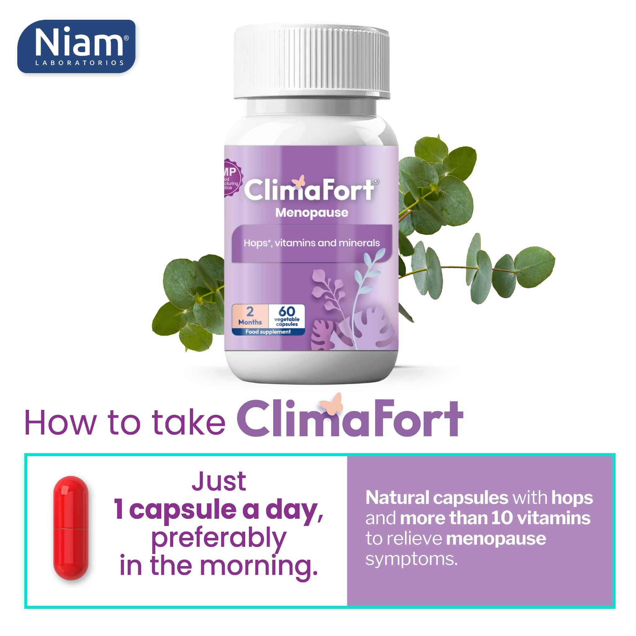 ClimaFort bottle open showing capsules ready for daily routine.