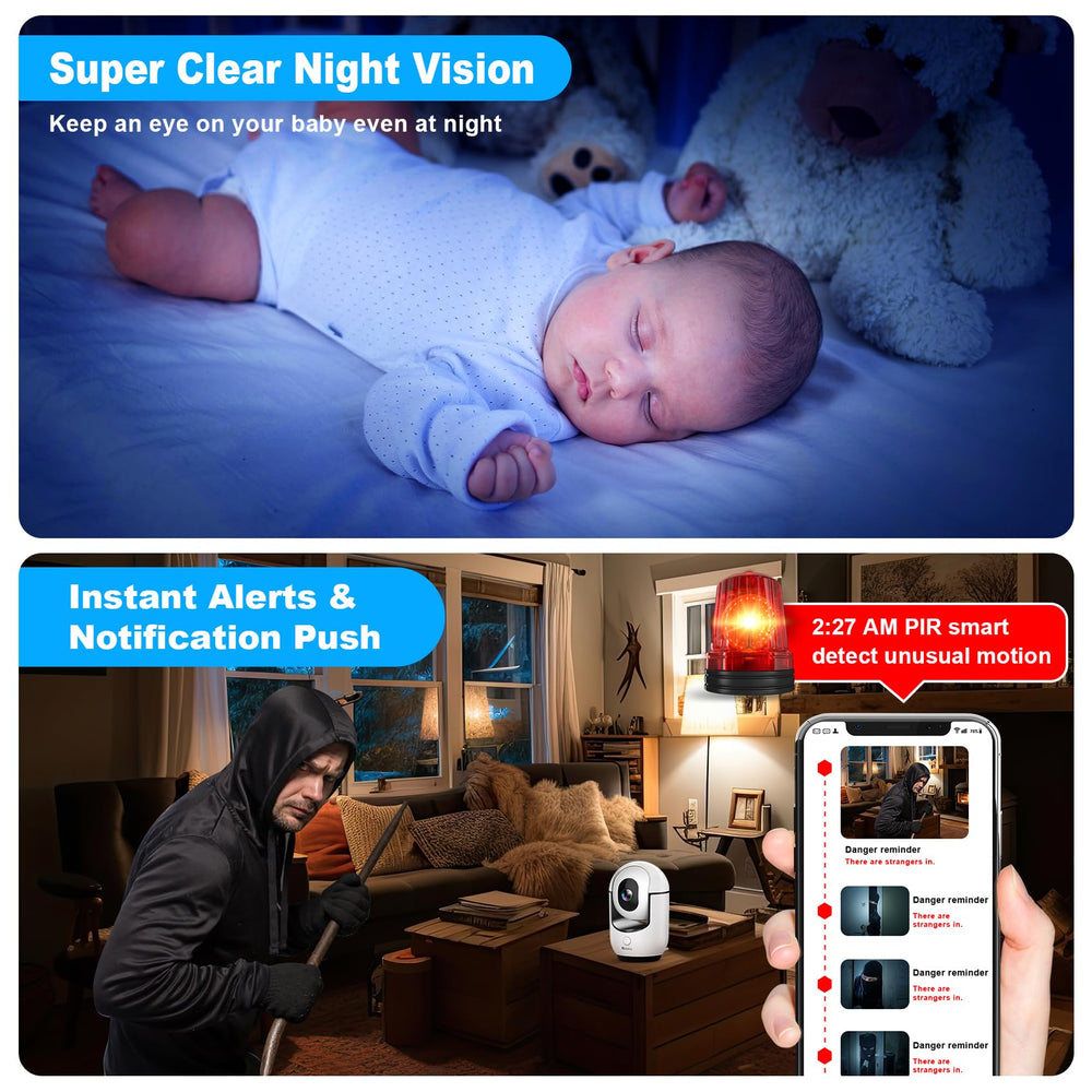 Cloarks 2K pan-tilt camera 360° coverage with smart rotation for full room view.