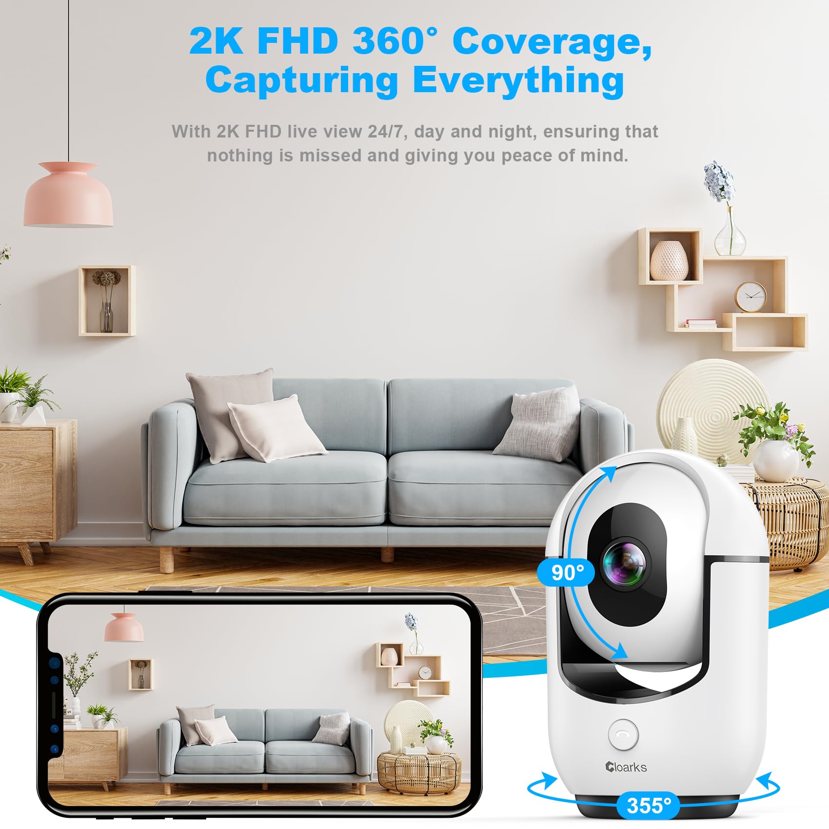 Cloarks 2K pan-tilt camera baby view with two-way talk.
