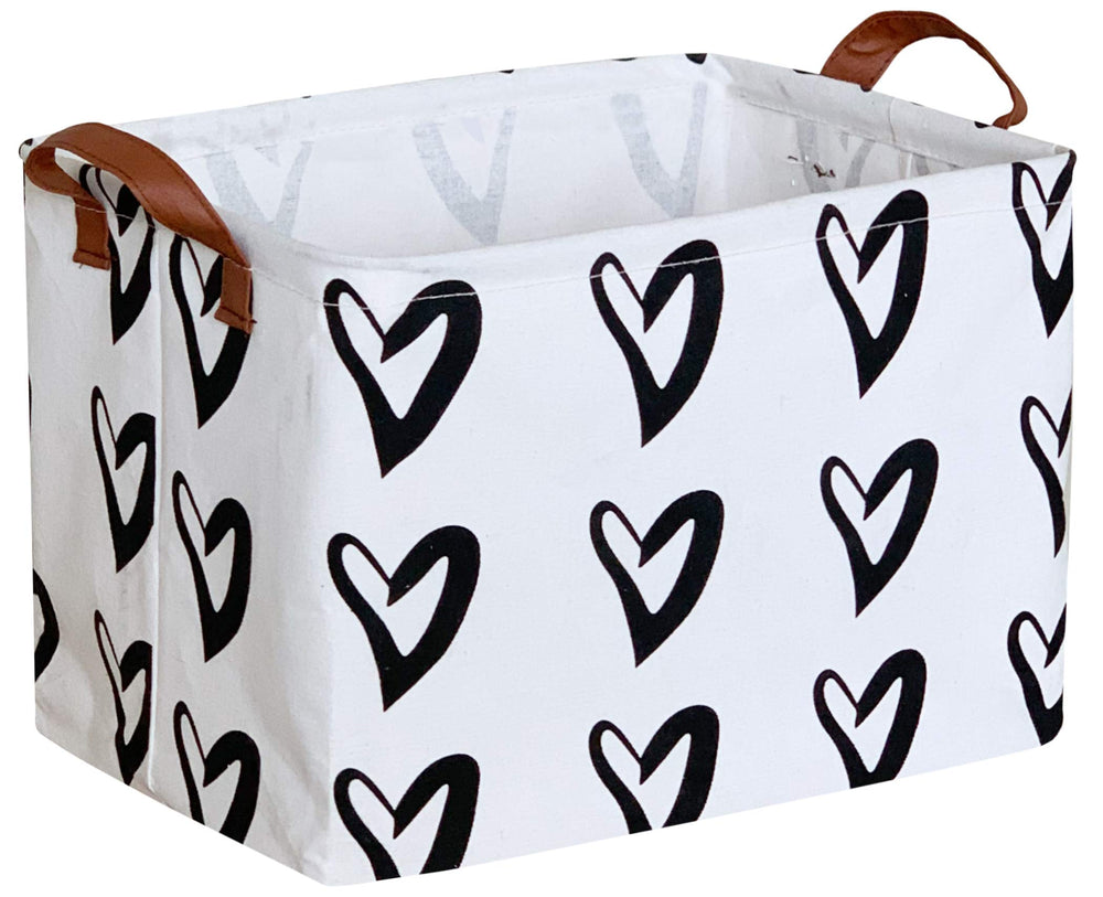 Clocor Heart Rectangular Basket front view with black hearts, stylish storage for toys or clothes.