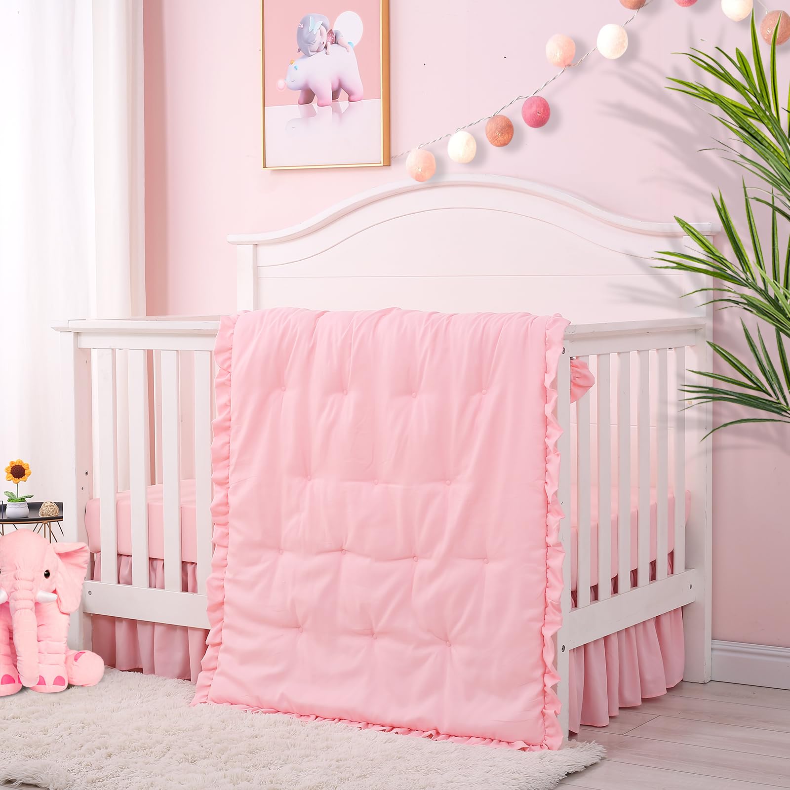 Cloele 3-piece pink crib bedding set comforter with ruffle for cozy nights