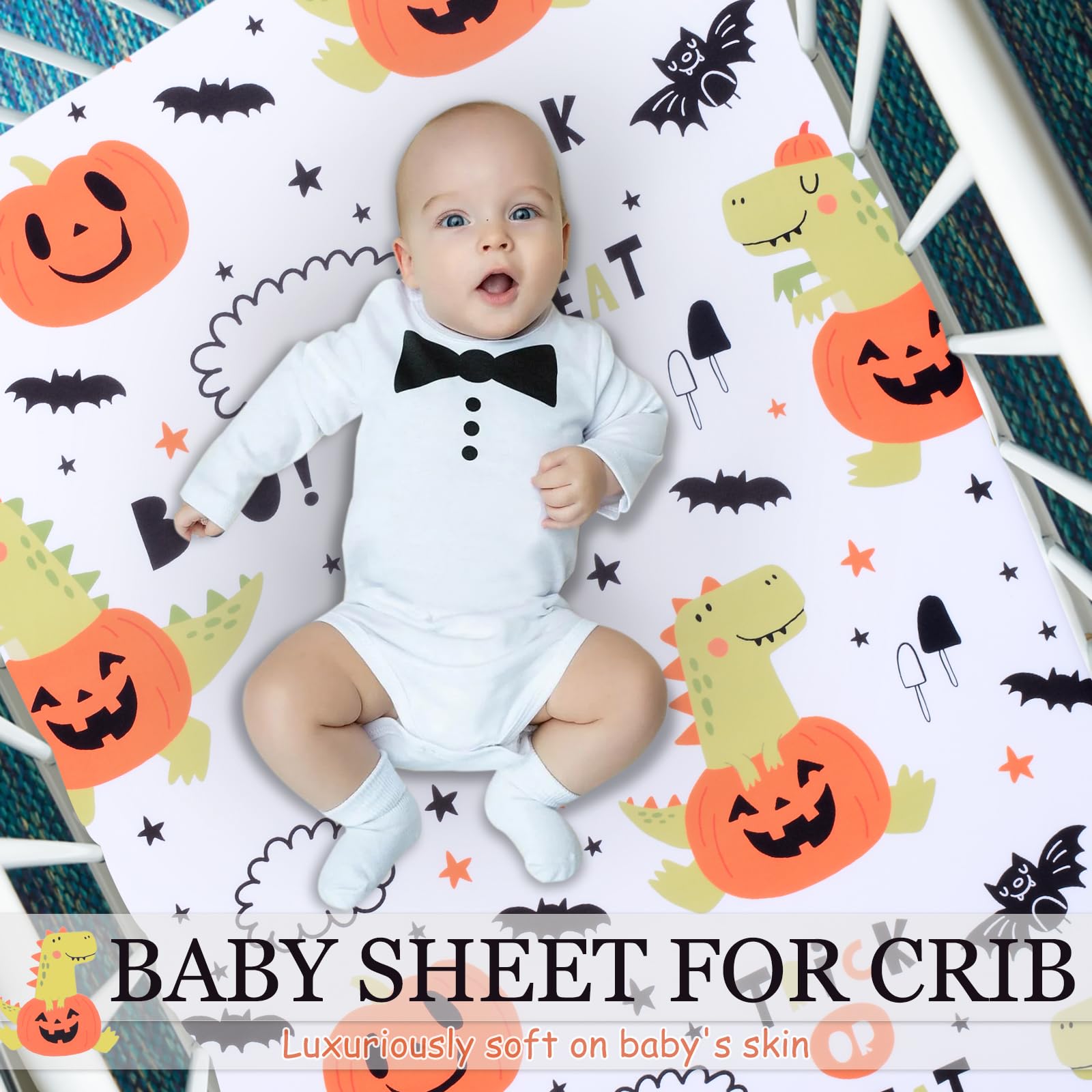 Cloele baby nursery Halloween decor featuring crib sheet