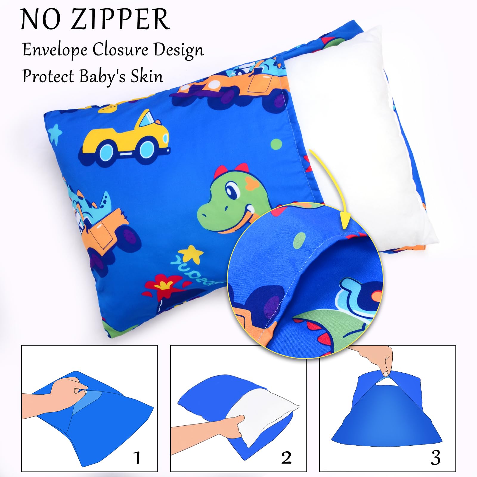 Cloele Car Dinosaur pillowcase back view with envelope closure for safety