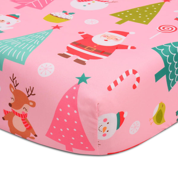 Cloele Christmas Santa crib sheet fits snugly on standard cribs with elastic corners.