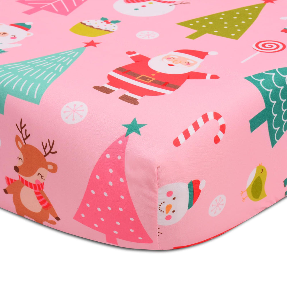 Cloele Christmas Santa crib sheet fits snugly on standard cribs with elastic corners.
