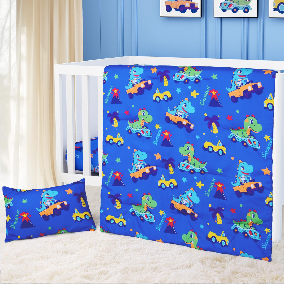 Cloele dinosaur crib bedding set comforter crafted from soft fabric for cozy baby nights.
