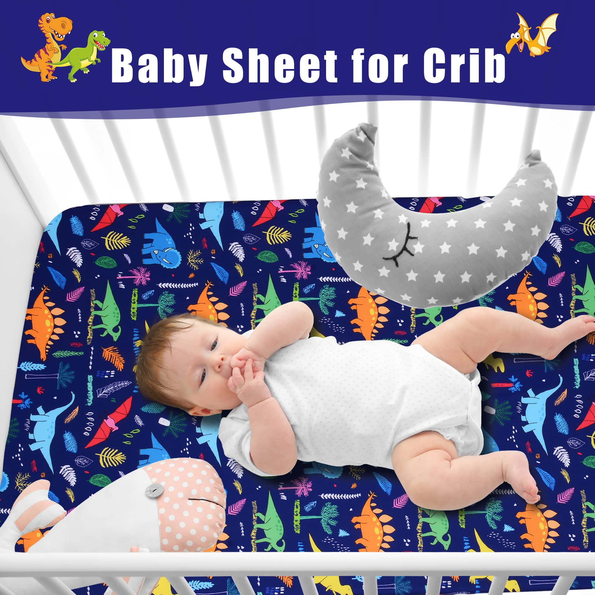 Cloele dinosaur crib sheet on standard crib demonstrates secure fit.